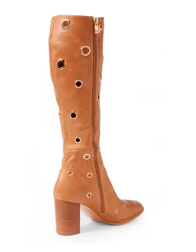 Akhila Tan Leather Knee High Boots