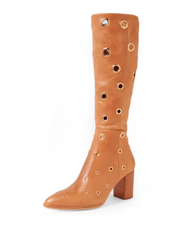 Akhila Tan Leather Knee High Boots