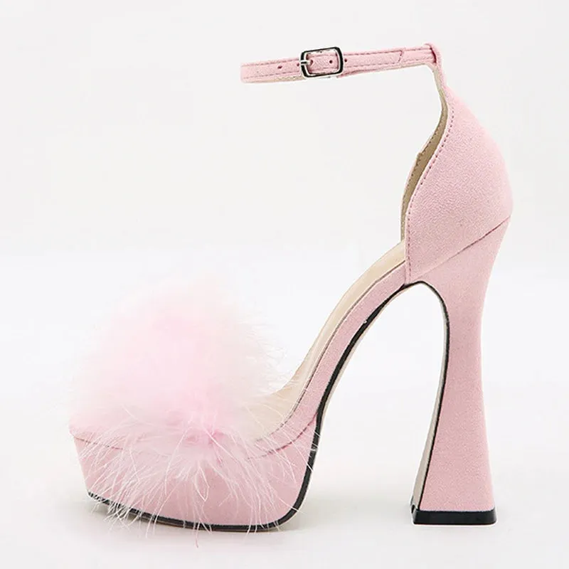 Amozae-Fashion Pink Feather Fluffy High Heels Platform Sandals Women Peep Toe Ankle Buckle Strap Elegant Wedding Dress Shoes Sandalias