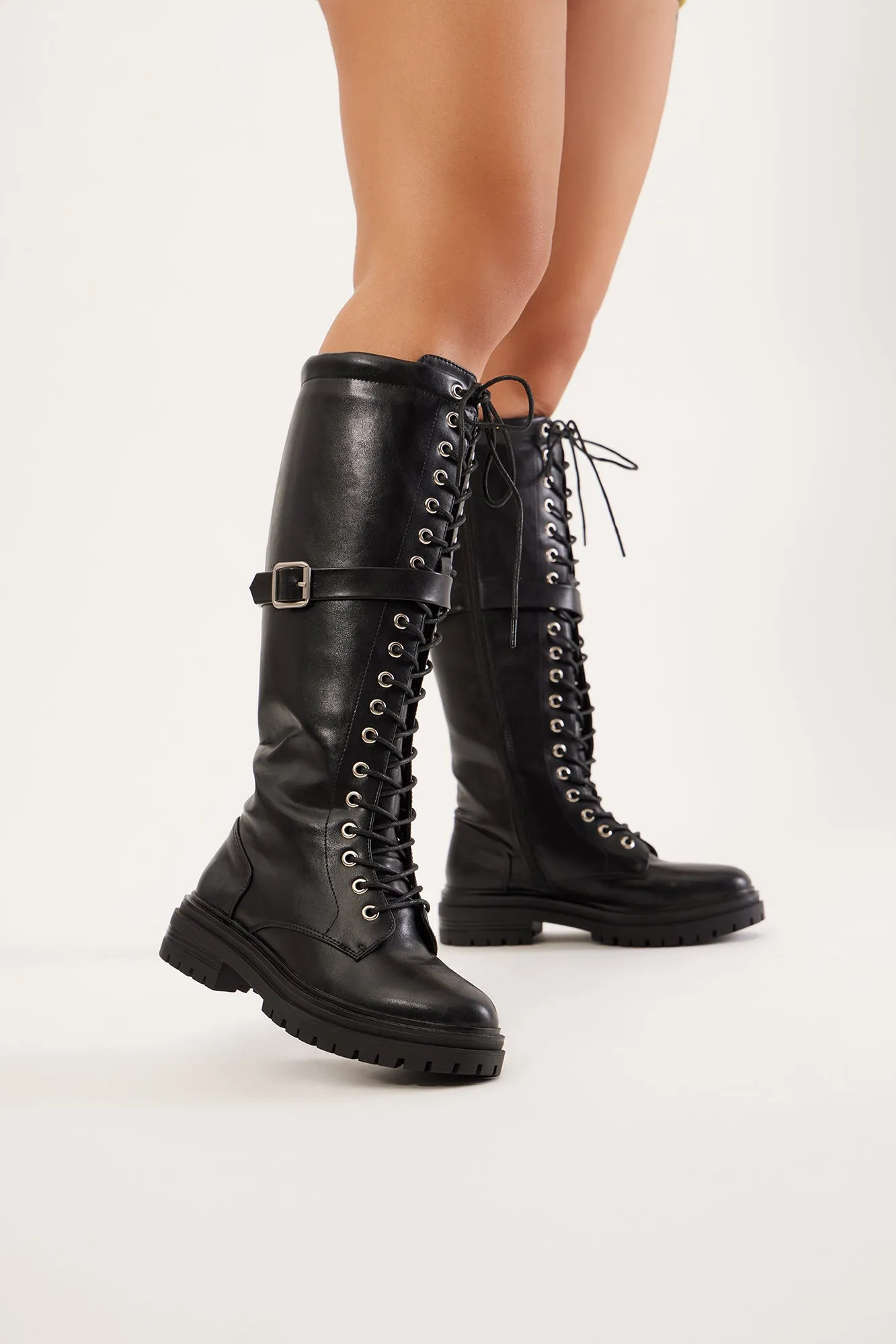 Apollo Knee High Combat Boots - Black