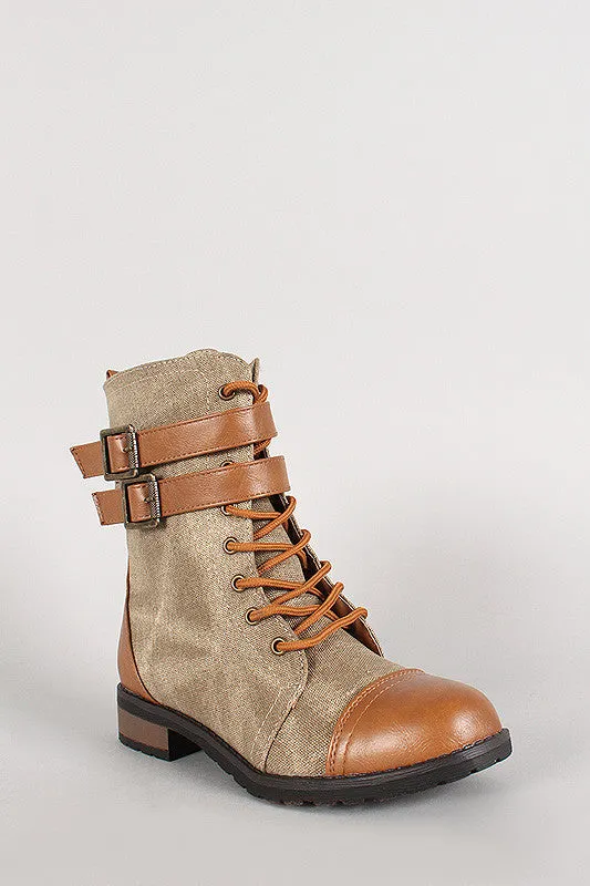 Bamboo Two Tone Double Buckle Lace Up Combat Boot