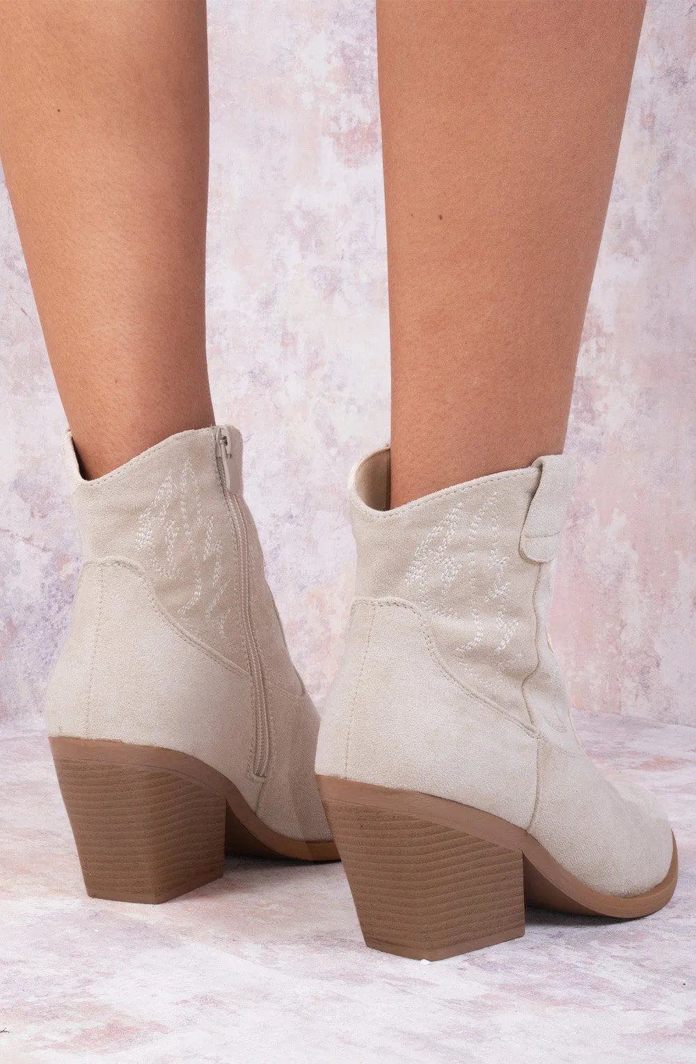 Beige Suede Cowboy Ankle Length Boots