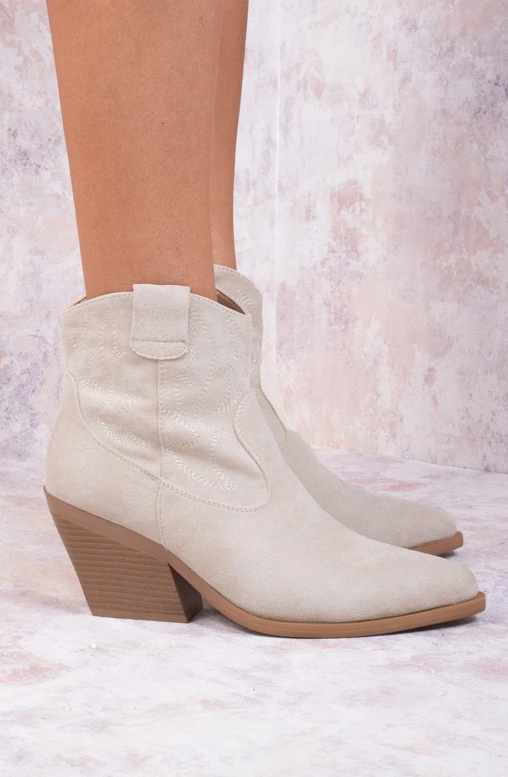 Beige Suede Cowboy Ankle Length Boots