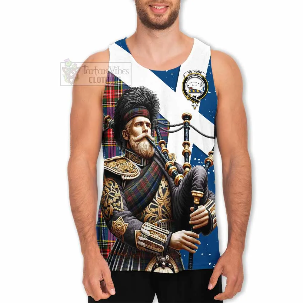 Bethune Tartan Men's Tank Top with Family Crest Scottish Bagpiper Vibes