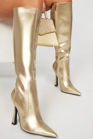 Big City Girl Knee High Heeled Boots - Gold