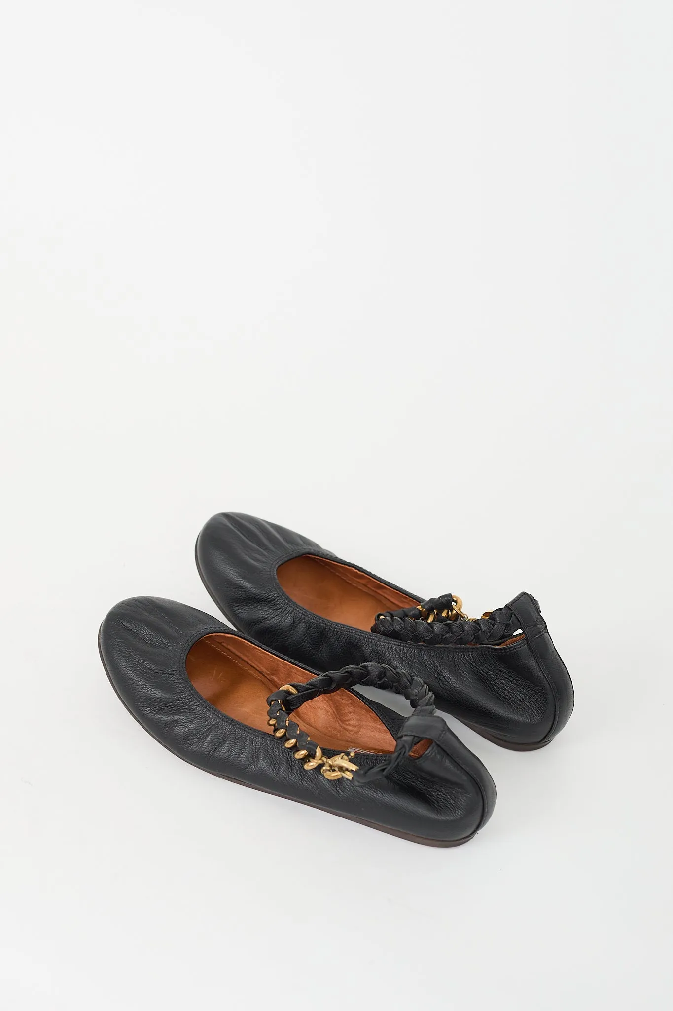 Black & Gold Leather Braided Strap Ballet Flat