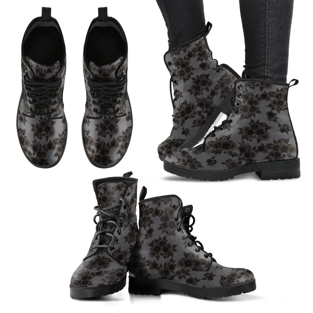 Black And Grey Flowers Pattern Handcrafted Boots by Manifestie