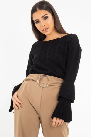 Black Chunky Knit Sleeve Detail Jumper - Lillienne