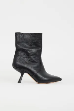 Black Embossed Leather Heeled Boot