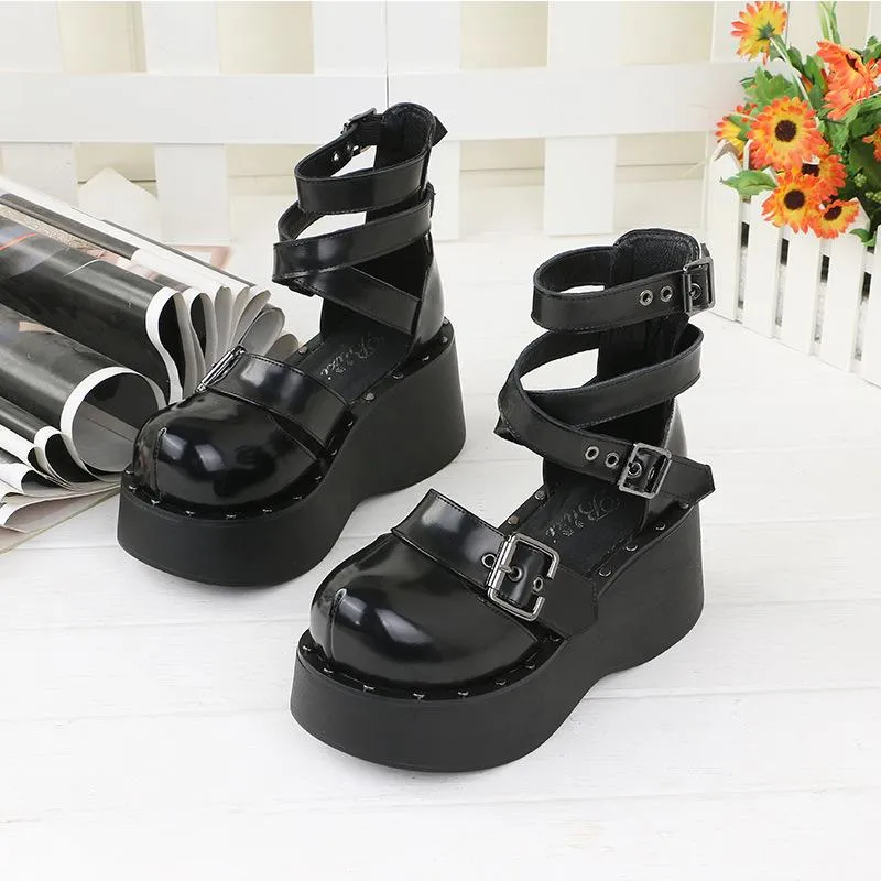 Black Lolita Cross Strap Buckle High-Platform Shoes SD00332