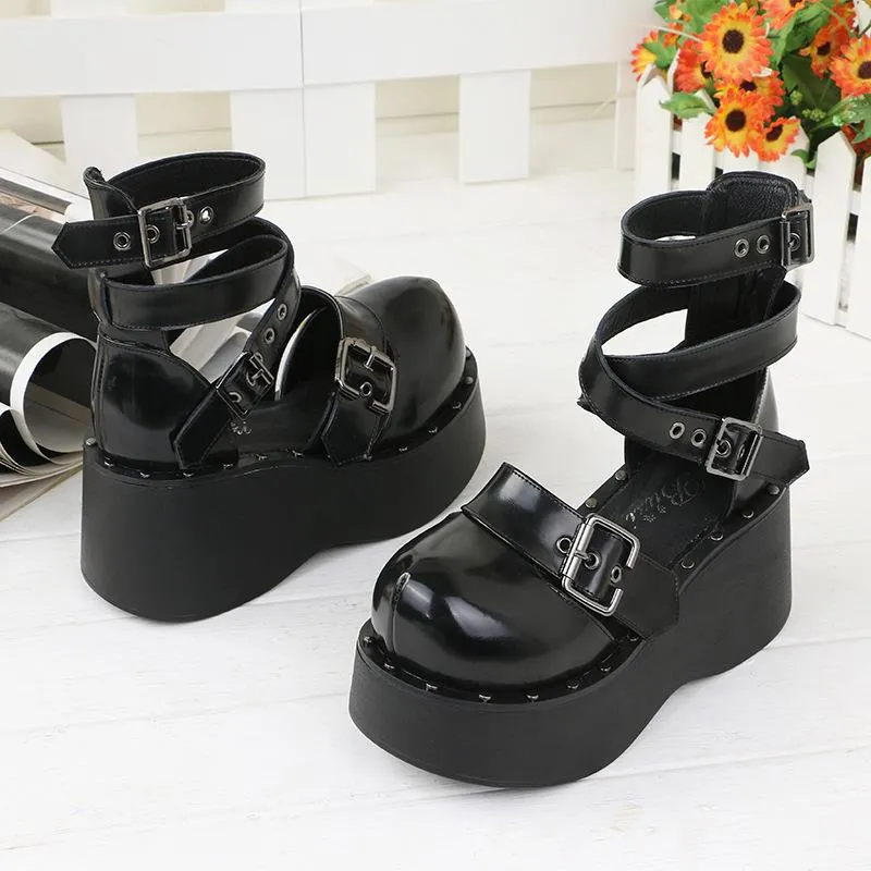 Black Lolita Cross Strap Buckle High-Platform Shoes SD00332