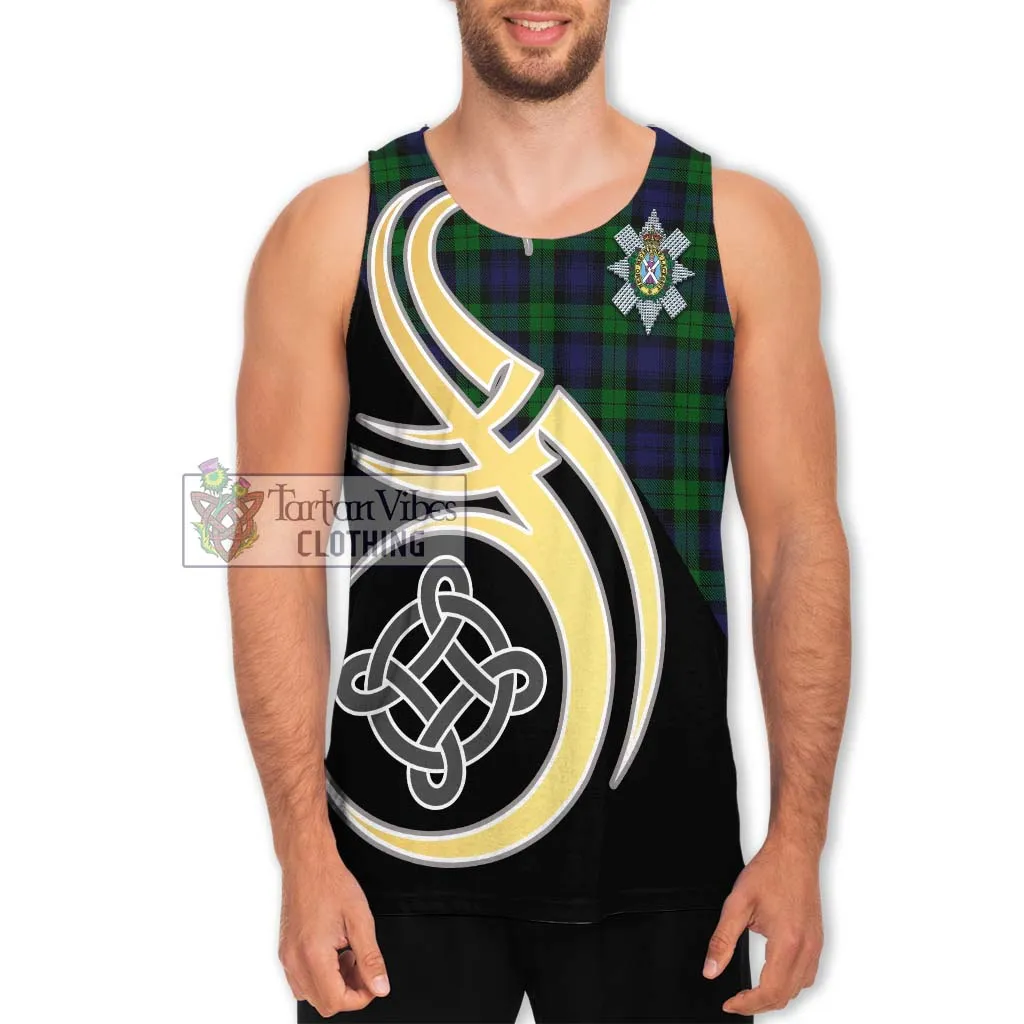 Black Watch Tartan Men's Tank Top with Family Crest and Celtic Symbol Style