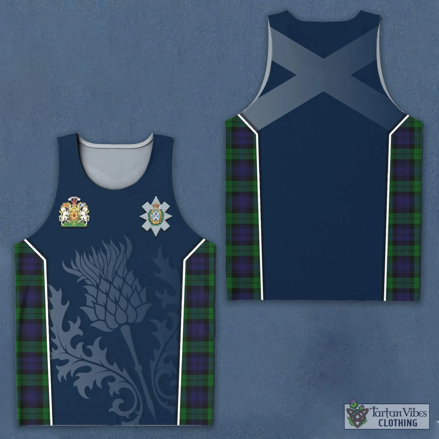 Black Watch Tartan Men's Tanks Top with Family Crest and Scottish Thistle Vibes Sport Style