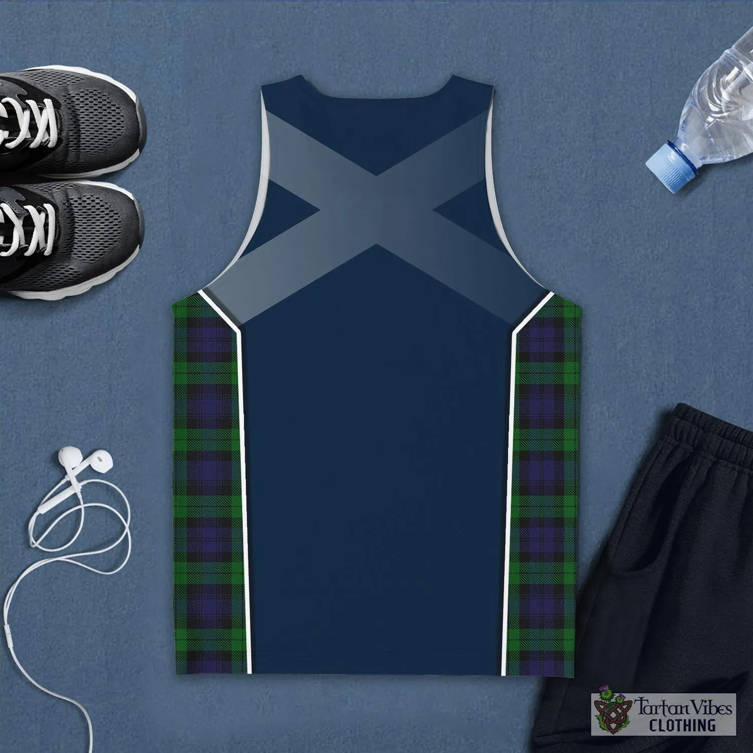 Black Watch Tartan Men's Tanks Top with Family Crest and Scottish Thistle Vibes Sport Style