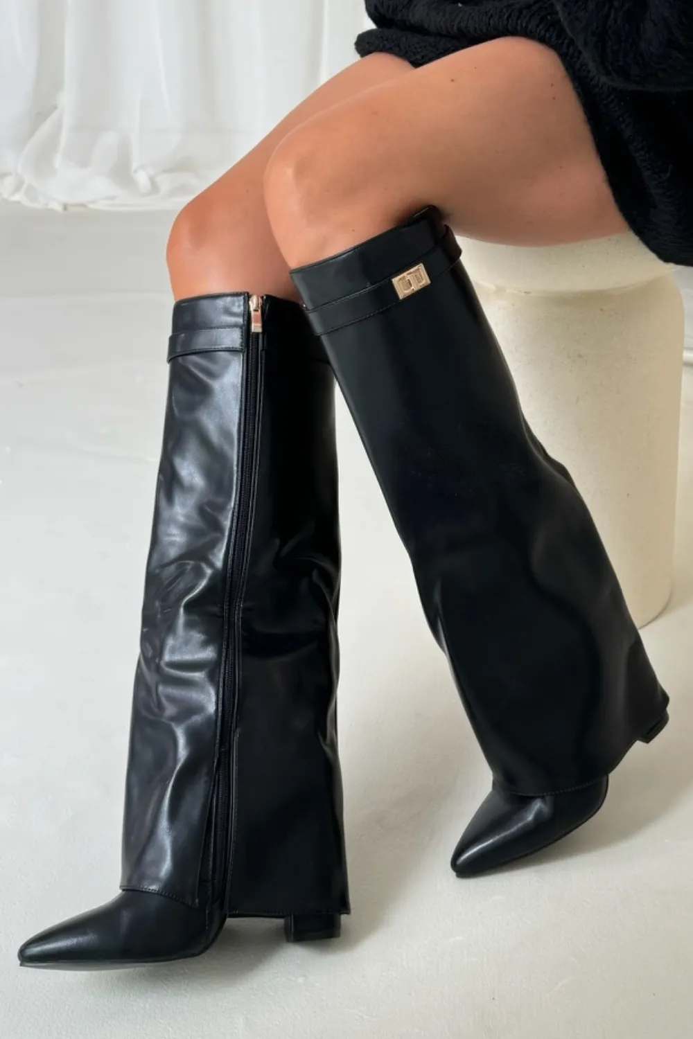 Bonnie black knee high fold over heel boots