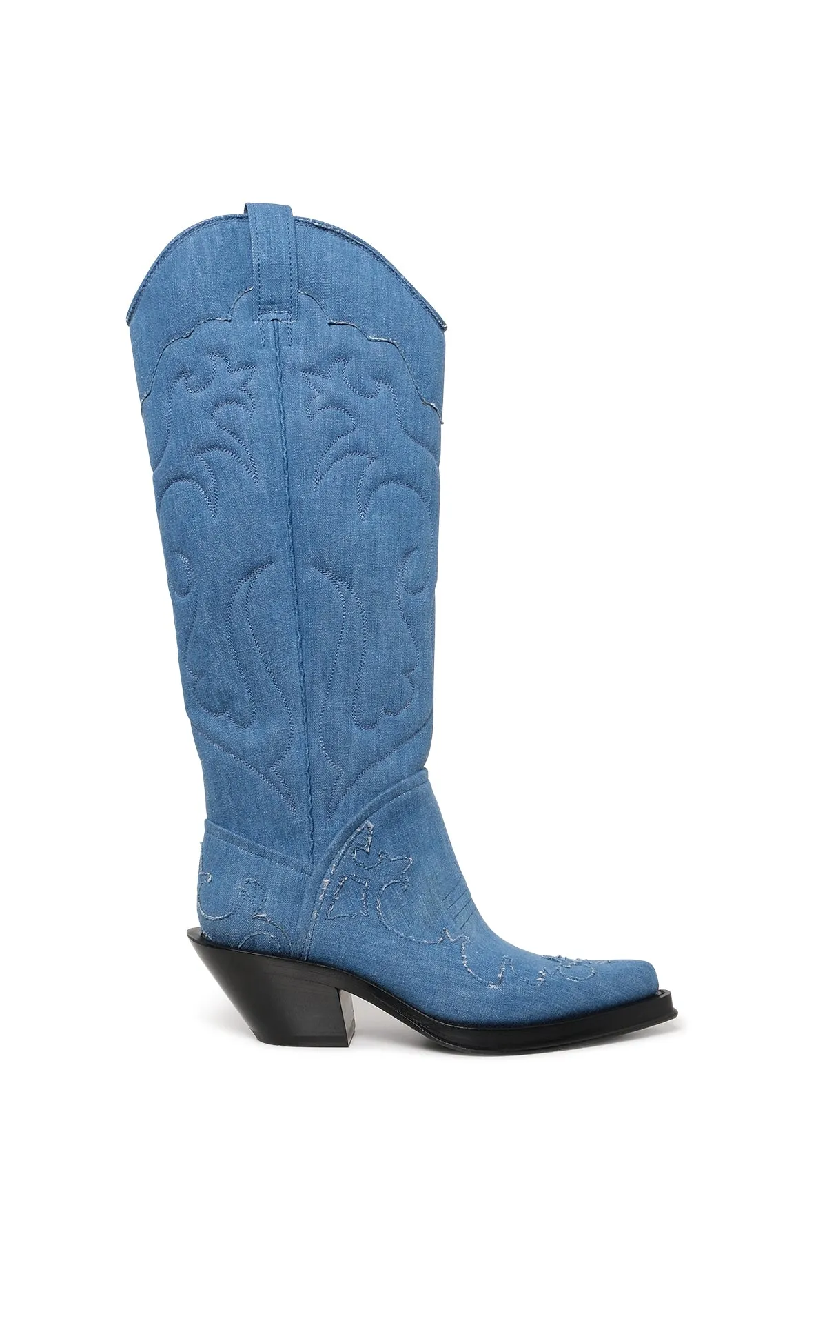 Capitana Cowboy Boot in Light Blue Recycled Cotton Linen Denim