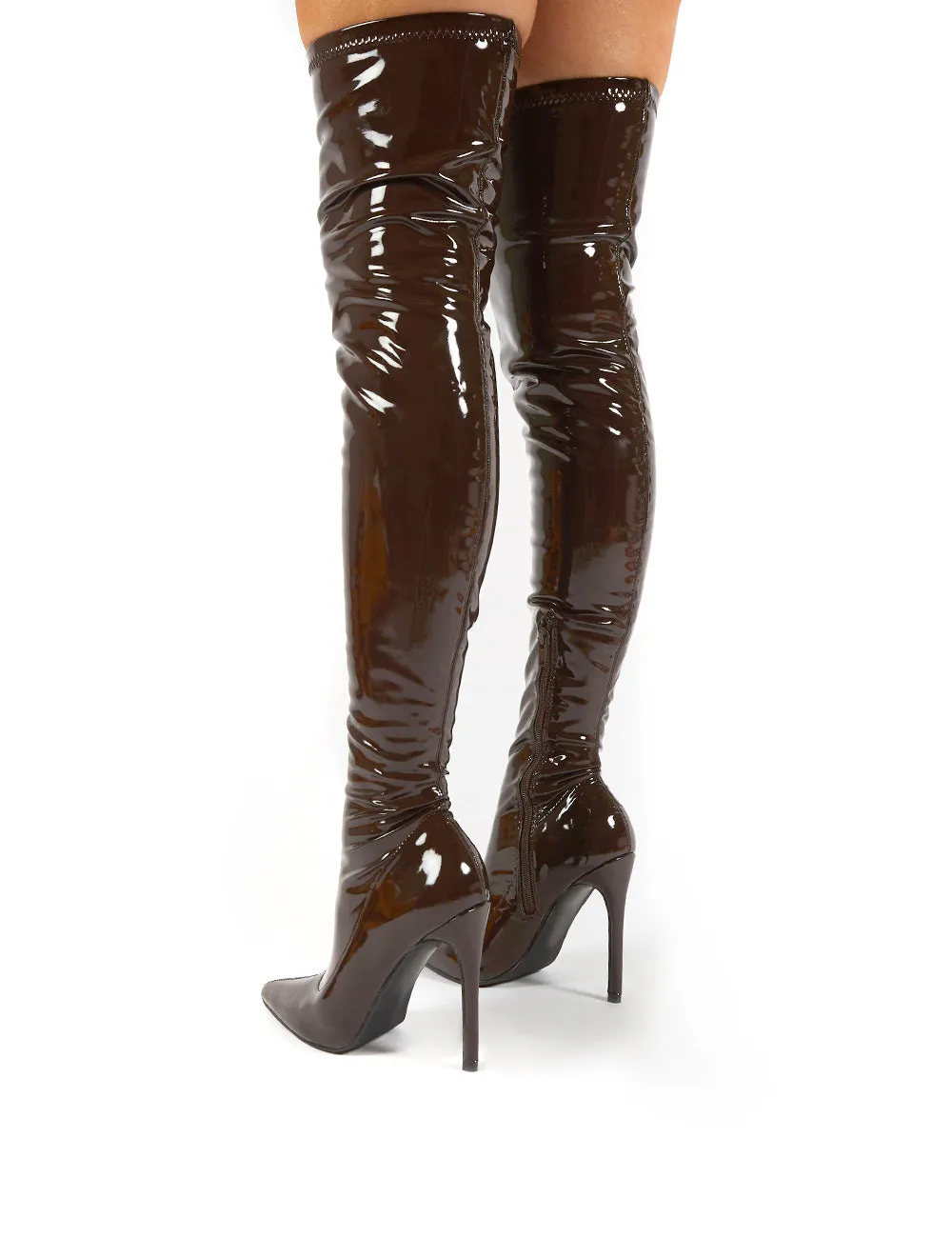 Confidence Chocolate Patent Stiletto Heeled Over The Knee PU Boots