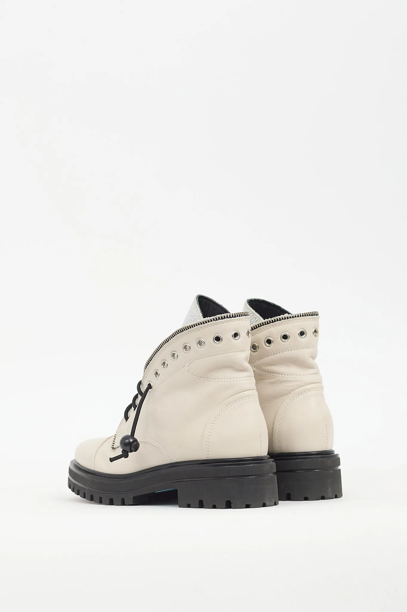 Cream Leather Strass Combat Boot