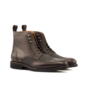 DapperFam Valiant in Dark Brown / Dark Grey Men's Flannel & Italian Pebble Grain Leather Military Brogue