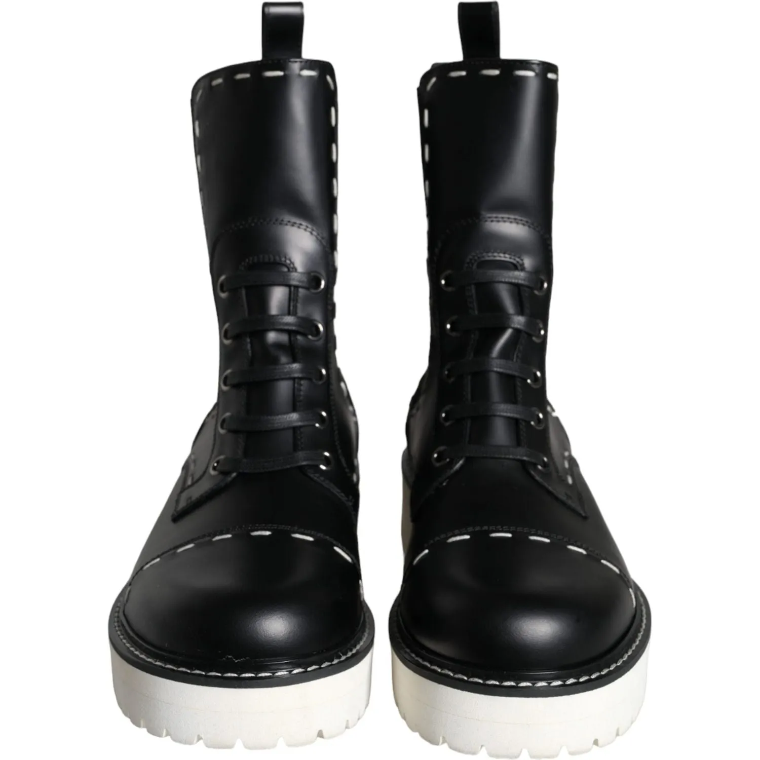 Dolce & Gabbana Black Leather Combat Mid Calf Boots Shoes