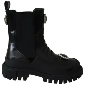 Dolce & Gabbana Elegant Black Leather Combat Boots with Crystal Detail