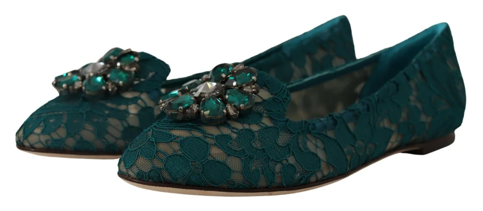 Dolce & Gabbana Green Lace Crystal Flats Loafers Shoes