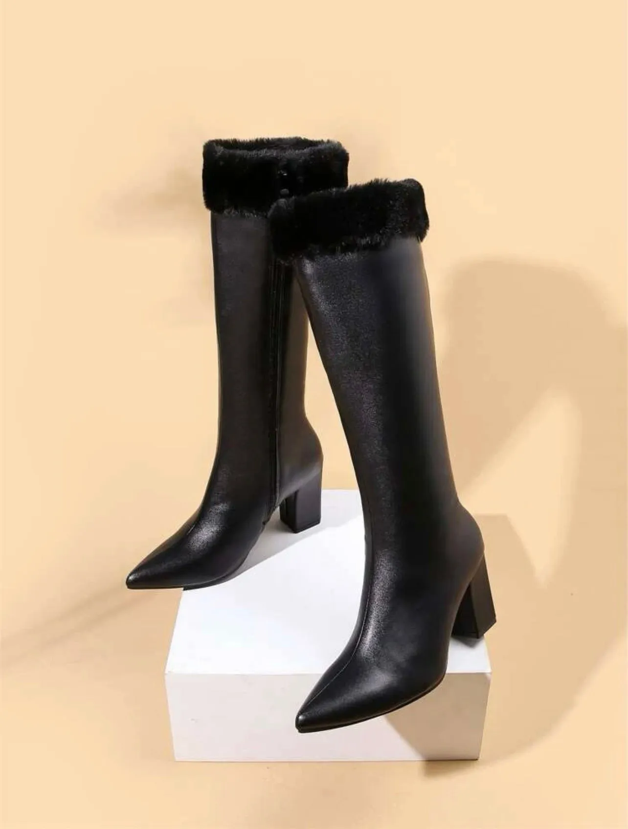 Fluffy Zip Side Chunky Heeled Boots