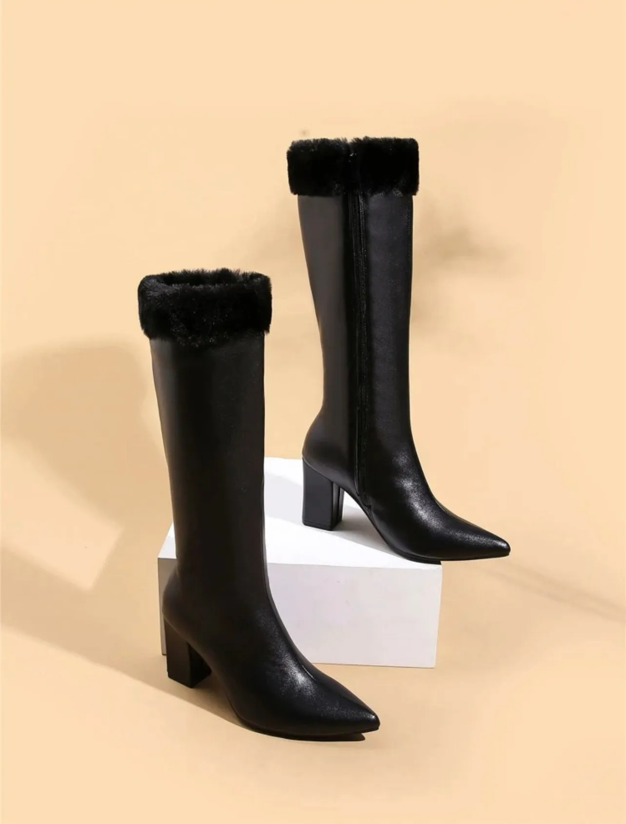 Fluffy Zip Side Chunky Heeled Boots