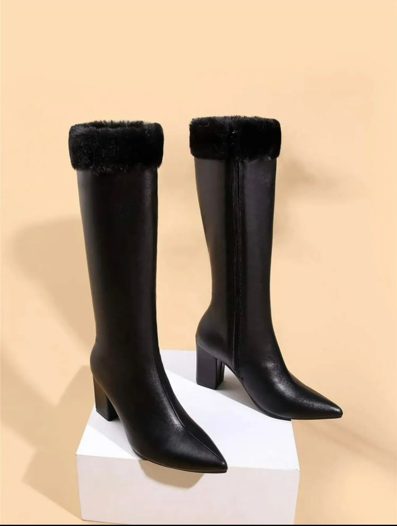 Fluffy Zip Side Chunky Heeled Boots