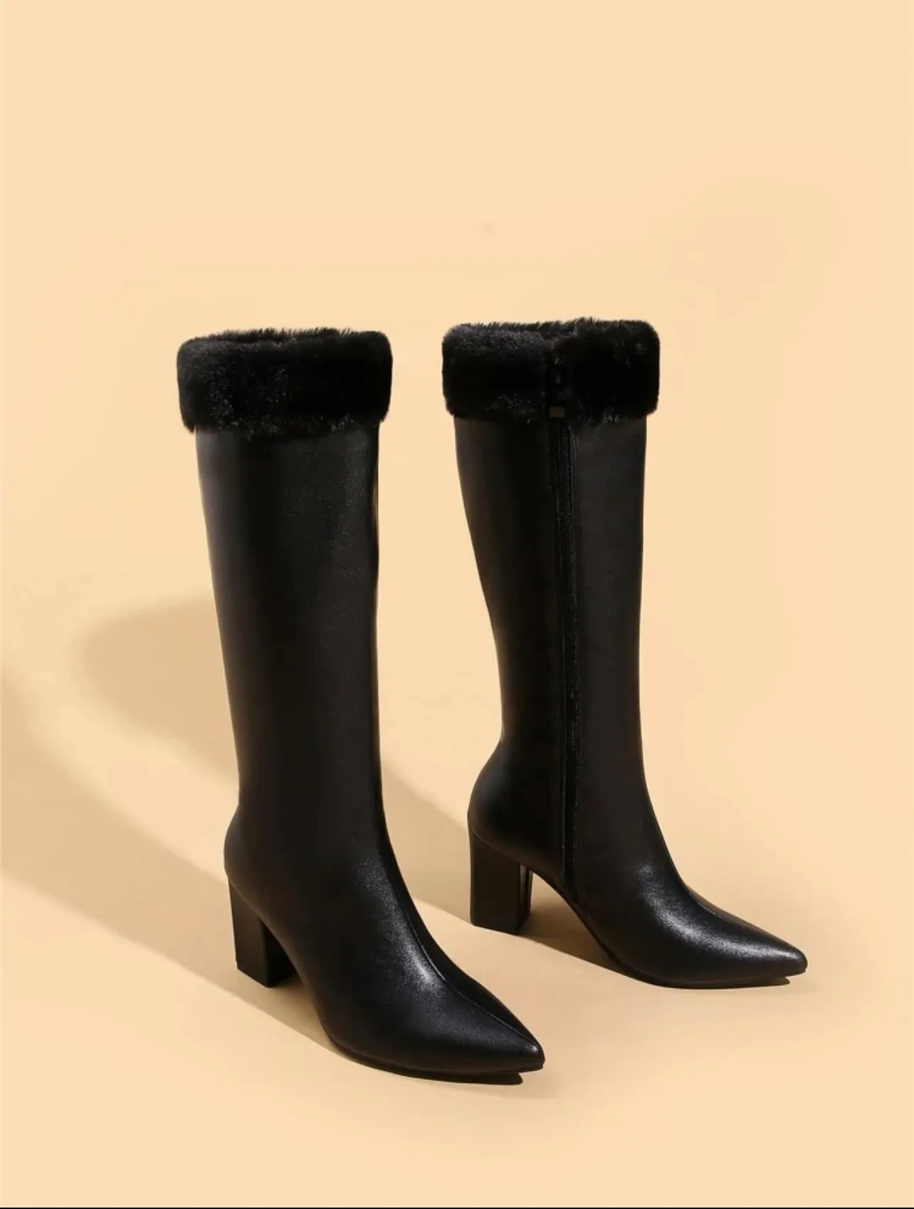 Fluffy Zip Side Chunky Heeled Boots