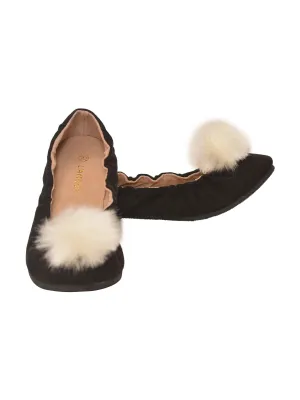 Girls Black Suede Faux Fur Pom Pom Flats 7 Toddler-4 Kids