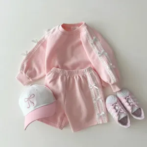 Girls Solid Lace Bow Sweatshirt & Shorts Set