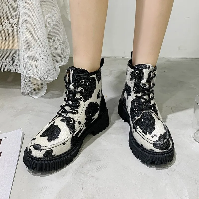 Harajuku Kawaii Style Cow Print Combat Boots