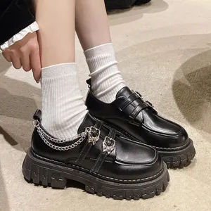 Hnzxzm Metal Chain Platform Pumps Women 2024 Black Gothic Mary Jane Lolita Shoes Woman Butterfly Buckle Patent Leather Jk Uniform Shoes