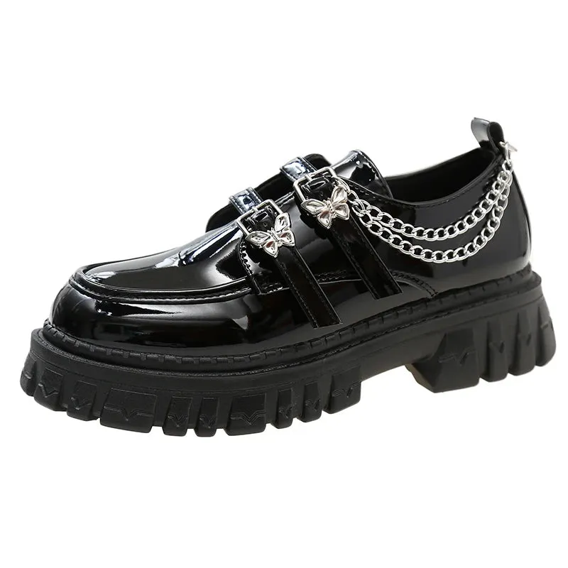 Hnzxzm Metal Chain Platform Pumps Women 2024 Black Gothic Mary Jane Lolita Shoes Woman Butterfly Buckle Patent Leather Jk Uniform Shoes