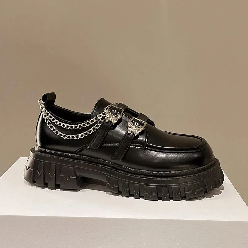 Hnzxzm Metal Chain Platform Pumps Women 2024 Black Gothic Mary Jane Lolita Shoes Woman Butterfly Buckle Patent Leather Jk Uniform Shoes