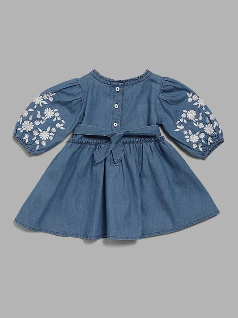 HOP Baby Blue Floral Embroidered Denim Dress