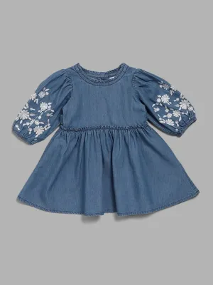 HOP Baby Blue Floral Embroidered Denim Dress