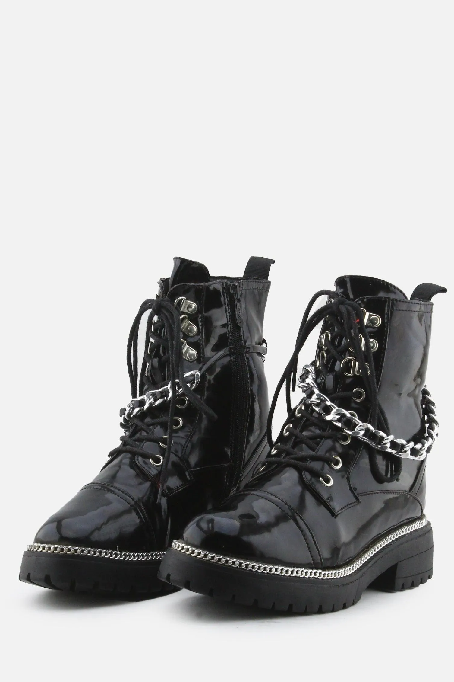 I Love DeeZee Zipper Laces Chain Straps Combat Ankle Boots | 100% Synthetic Leather