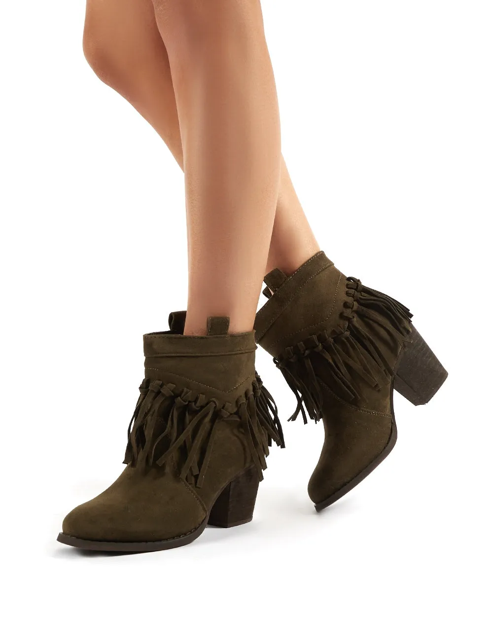 Jossa Khaki Faux Suede Fringed Heeled Western Ankle Boots