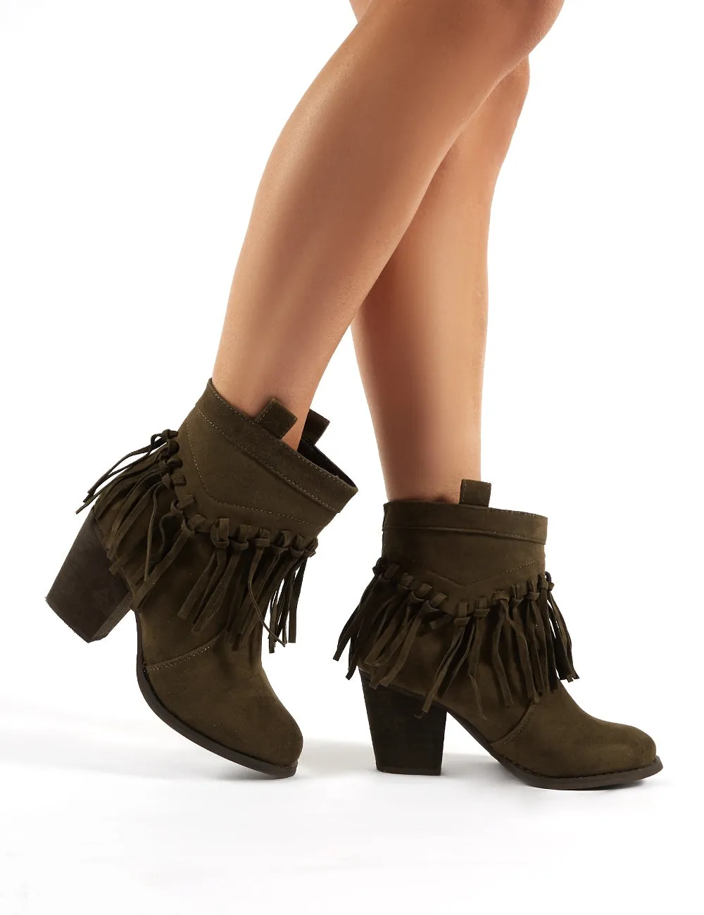 Jossa Khaki Faux Suede Fringed Heeled Western Ankle Boots