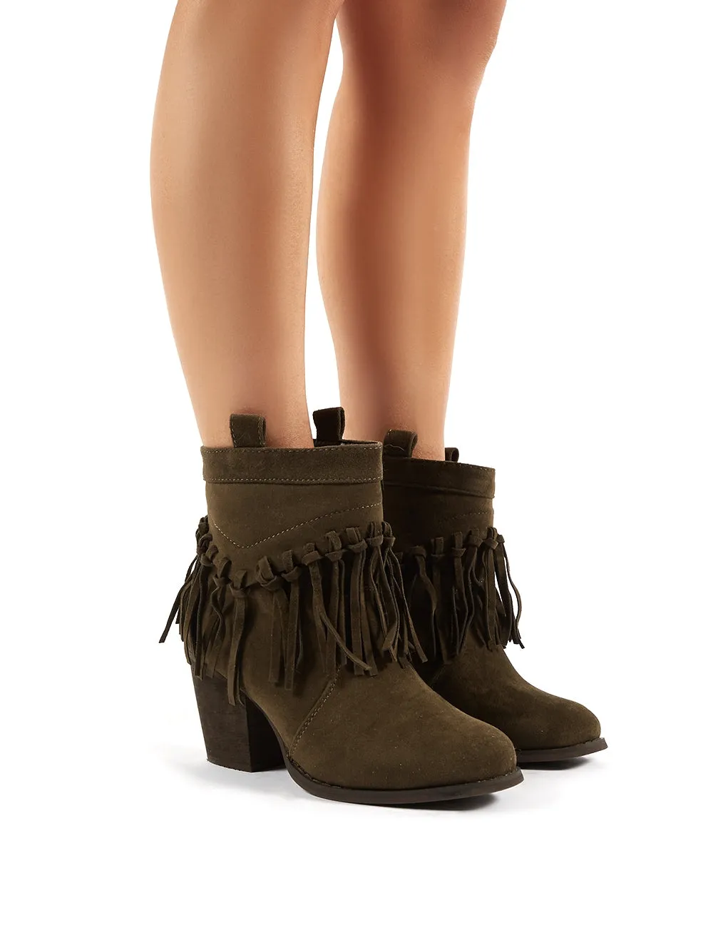 Jossa Khaki Faux Suede Fringed Heeled Western Ankle Boots