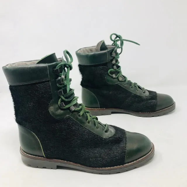 Kenzo 38 Olive Green Leather Calf Hair Combat Boots 2400-531-12220