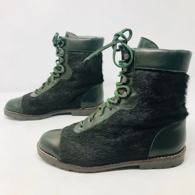 Kenzo 38 Olive Green Leather Calf Hair Combat Boots 2400-531-12220