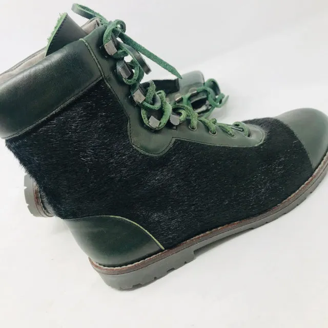 Kenzo 38 Olive Green Leather Calf Hair Combat Boots 2400-531-12220