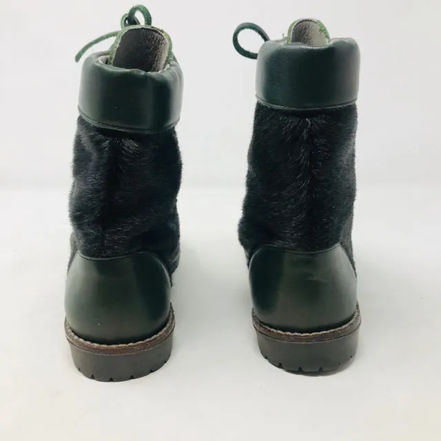 Kenzo 38 Olive Green Leather Calf Hair Combat Boots 2400-531-12220