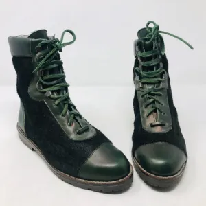 Kenzo 38 Olive Green Leather Calf Hair Combat Boots 2400-531-12220