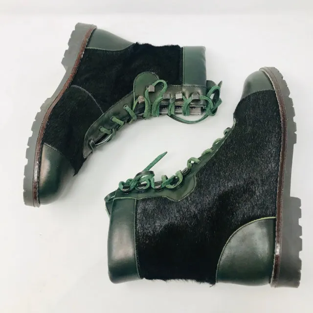 Kenzo 38 Olive Green Leather Calf Hair Combat Boots 2400-531-12220