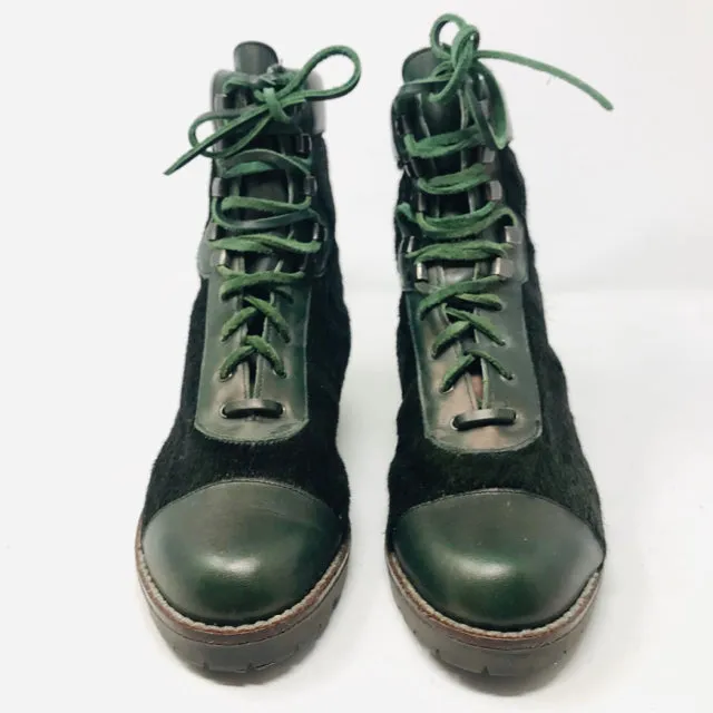 Kenzo 38 Olive Green Leather Calf Hair Combat Boots 2400-531-12220