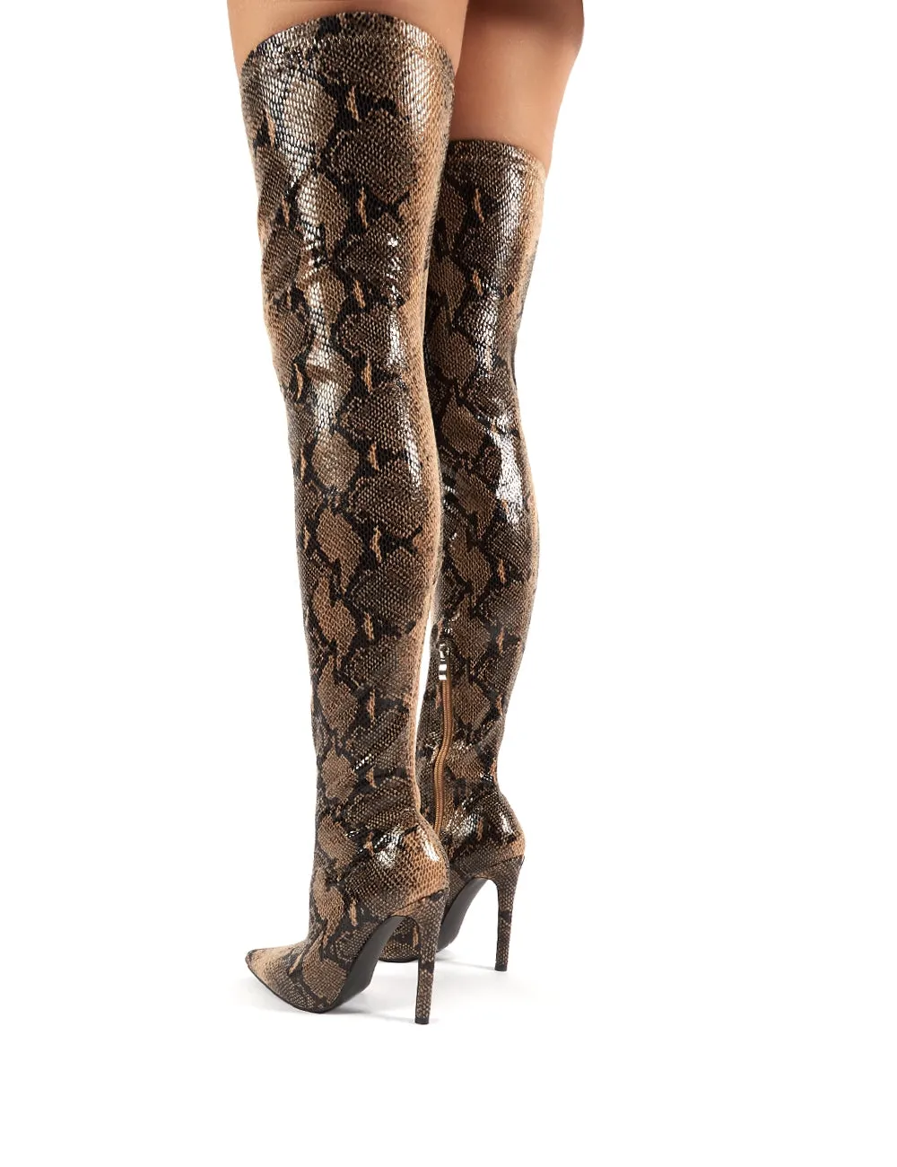 Kimana Tan Snakeskin Heeled Over the Knee Boots